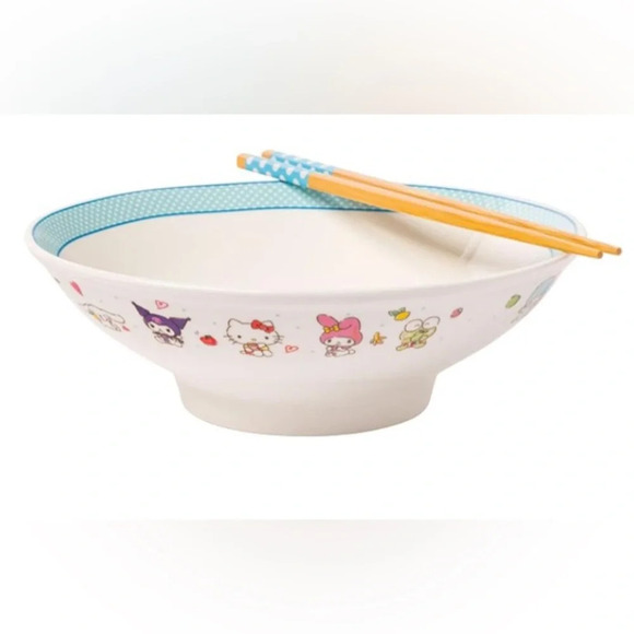 HELLO KITTY AND FRIENDS CERAMIC BOWL WITH CHOPSTICKS. MADE BY SANRIO. NWTS! - Picture 2 of 10